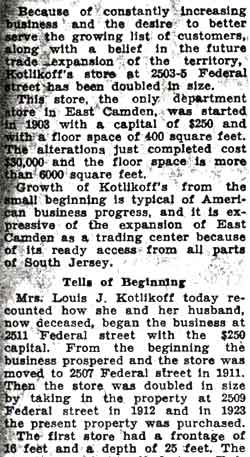 Kotlikoff's store article — Camden Courier-Post, October 8, 1936, column 1
