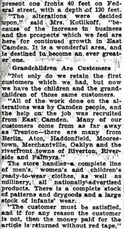 Kotlikoff's store article — Camden Courier-Post, October 8, 1936, column 2