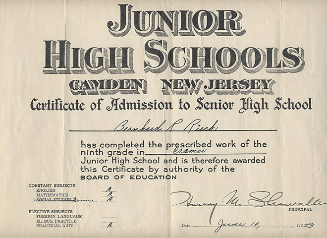 1953 Junior High School Diploma — courtesy of Bernie Rieck