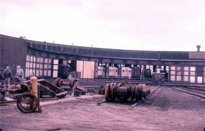 Steam engines at the Pavonia roundhouse and yard, Camden, early 1950s