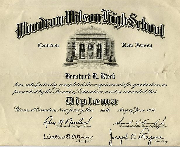 Woodrow Wilson High School diploma, 1956