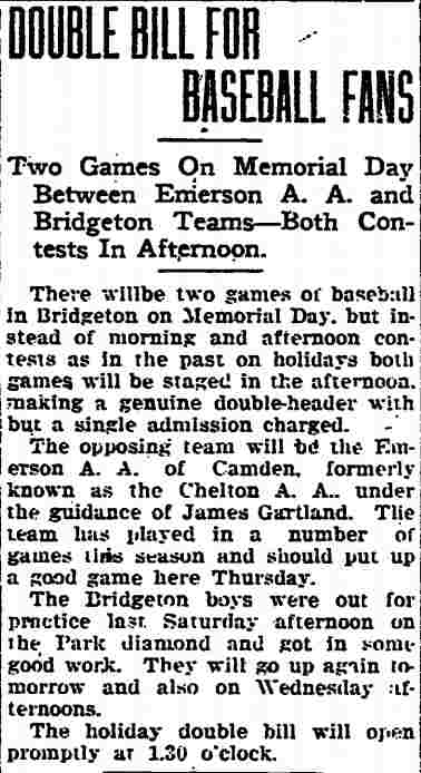 Double Bill for Baseball Fans — Emerson A.A. vs. Bridgeton teams — Bridgeton Evening News, May 27, 1918