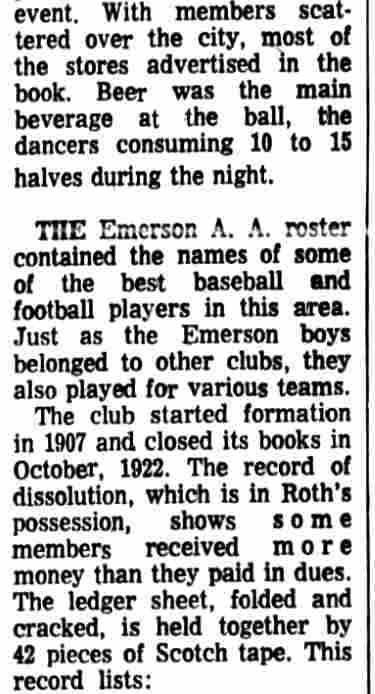 Emerson Athletic Club — Camden Courier-Post, November 25, 1970, article by Stephen M. O'Keefe, column 4 (Walter Roth, Morse Street, Turner's Hall)
