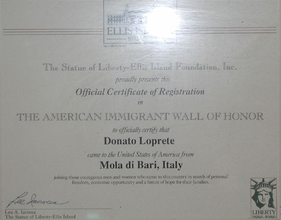 Ellis Island Certificate of Recognition, Donato Loprete, Mola di Bari, Italy
