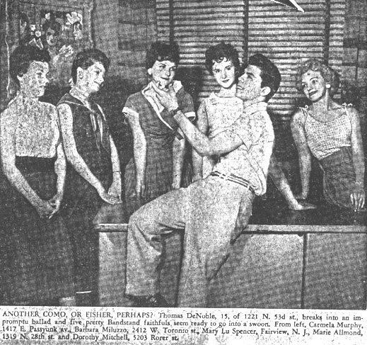 Thomas DeNoble breaks into an impromptu ballad at Bandstand, with Fairview girl Mary Lu Spencer among the crowd