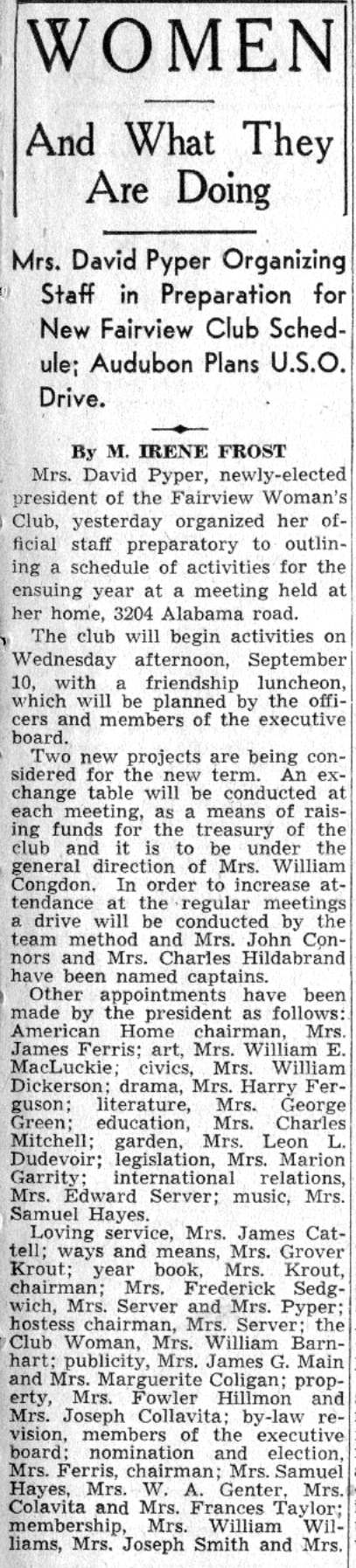 Women and What They Are Doing — Fairview Women's Club, July 30, 1941