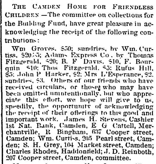 Camden Democrat July 18, 1874 — Building Fund acknowledgment