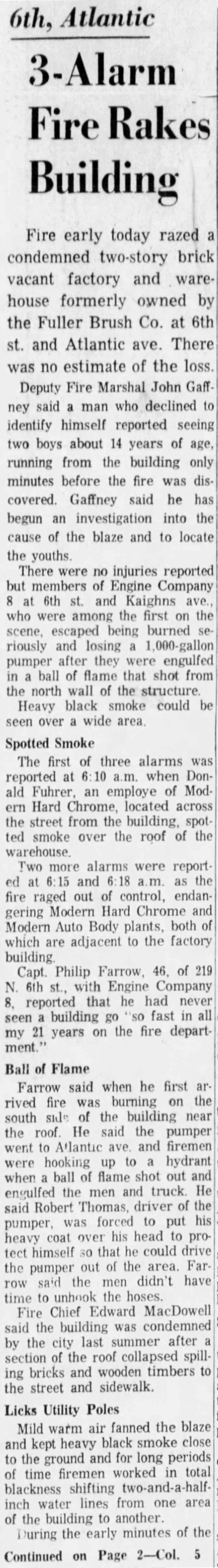 Fire at South 6th Street and Atlantic Avenue, April 28, 1962