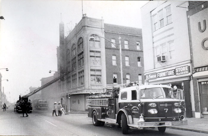 The vacant Hurley building on fire, March 27, 1977