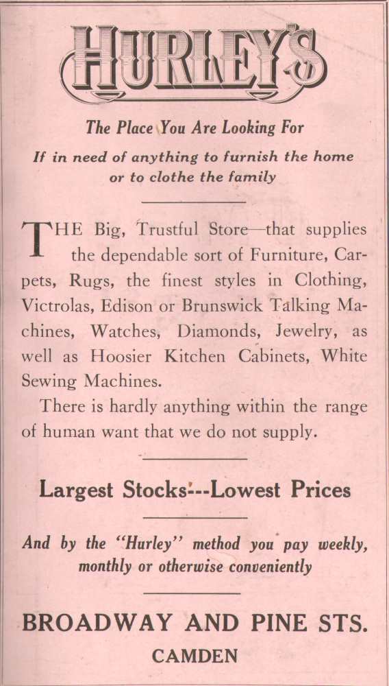 Hurley's department store advertisement, 1918–1919 Camden City Directory