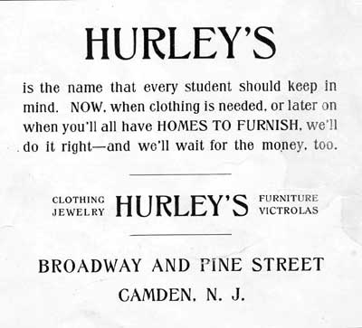 Hurley's advertisement in the 1919 Camden High School Purple & Gold yearbook