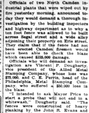 2 Firms to Demand City Begin Probe of Fence as Aid in Fire - Camden Courier-Post, February 24, 1928