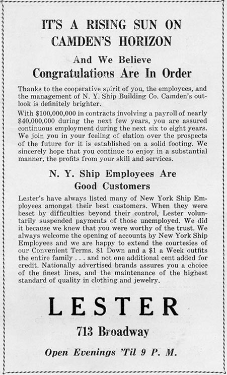 Lester Store advertisement in the Fourth Annual Shipworkers Ball banquet program, January 27, 1939