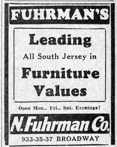 N. Fuhrman Co. advertisement — Fuhrman's: Leading All South Jersey in Furniture Values, 933-35-37 Broadway — Camden Courier-Post, October 26, 1931