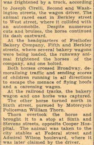 2 Runaway Horses Imperil Children - Camden Courier-Post May 17, 1934