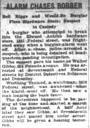 Newspaper article: Alarm Chases Robber, January 31, 1928