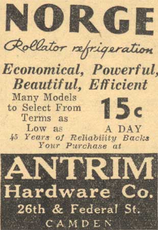 Norge Rollator Refrigeration — Antrim Hardware Co., 26th & Federal St., Camden — Camden Courier-Post, May 1, 1934