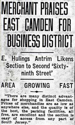 Merchant Praises East Camden For Business District — E. Hulings Antrim Likens Section to Second 'Sixty-ninth Street' — Camden Courier-Post, October 8, 1936 (part 1)
