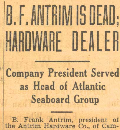 B. Frank Antrim obituary — Camden Courier-Post, February 18, 1942