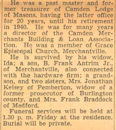 B. Frank Antrim obituary continued — Camden Courier-Post, February 18, 1942