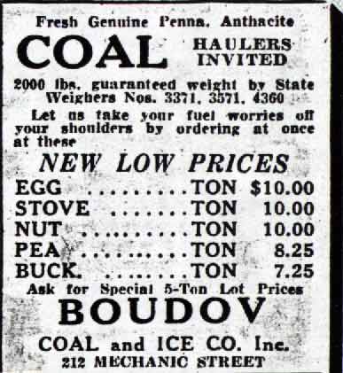 Boudov Coal and Ice Co. advertisement — Fresh Genuine Penna. Anthracite Coal, new low prices, 212 Mechanic Street, Camden, October 1936
