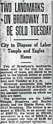 Camden Courier-Post, November 1942 — Two Landmarks on Broadway to Be Sold Tuesday: Labor Temple and Eagles Home