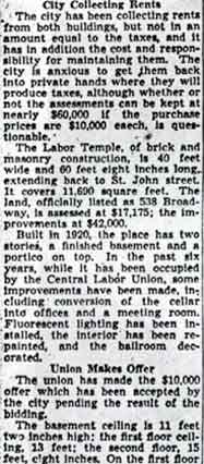 Two Landmarks on Broadway to Be Sold Tuesday — description of the Labor Temple building, November 1942