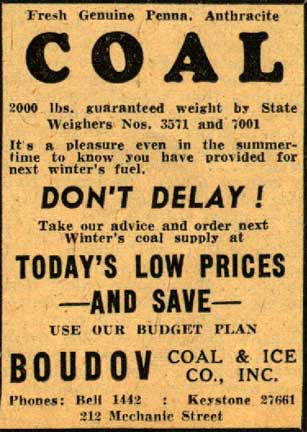 Boudov Coal & Ice Co. advertisement — Fresh Genuine Penna. Anthracite Coal, Don't Delay, Budget Plan, 212 Mechanic Street, Camden, February 1942