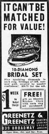 Camden Courier-Post, 1942 — Greenetz & Greenetz 10-Diamond Bridal Set advertisement