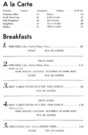 Plaza Hotel breakfast menu, about 1964, continued