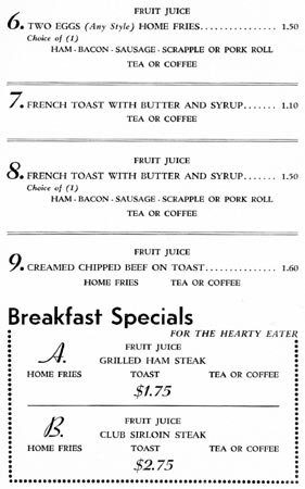 Plaza Hotel breakfast menu, about 1964, continued