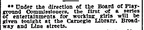 Entertainment at the Carnegie Library, Philadelphia Inquirer, c. February 23, 1912