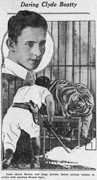 Clyde Beatty with snarling Bengal Tiger, Hagenbeck-Wallace Circus
