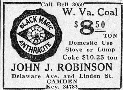 John J. Robinson advertisement for Black Magic Anthracite coal, Delaware Ave. and Linden St., Camden, February 1933