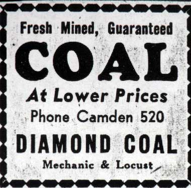 Diamond Coal advertisement — Fresh Mined, Guaranteed Coal at Lower Prices, Mechanic & Locust, Camden, January 1938