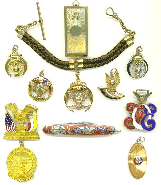 Fraternal Order of Eagles watch chain and fobs, late 1800s-early 1900s