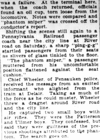 Ghost sniper coverage, Camden Courier-Post February 6, 1928