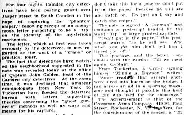 Ghost sniper tip hoax coverage, Camden Courier-Post February 9, 1928