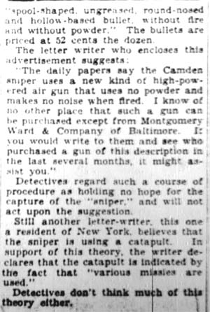 Ghost sniper tip hoax coverage continued, Camden Courier-Post February 9, 1928