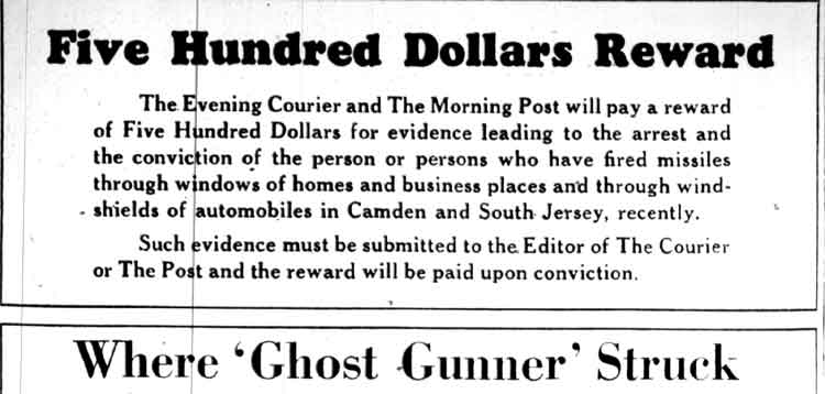 Ghost sniper coverage, Camden Courier-Post February 9, 1928
