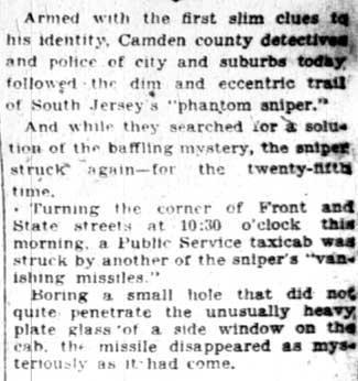 Ghost sniper taxi shooting, Camden Courier-Post February 11, 1928