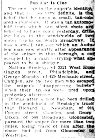 Ghost sniper taxi shooting, Camden Courier-Post February 11, 1928