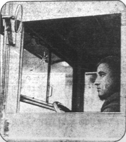 Nathan Brodsky sitting in truck with hole in windshield, Camden Courier-Post February 11, 1928