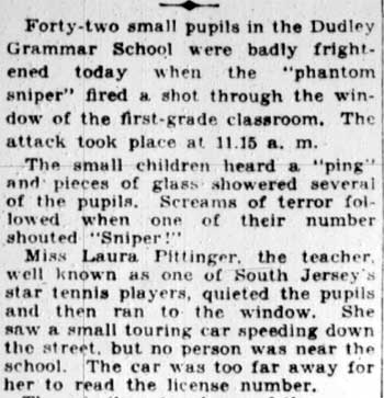 Ghost sniper frightens 1st grade pupils, Camden Courier-Post February 17, 1928