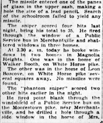Ghost sniper frightens 1st grade pupils, Camden Courier-Post February 17, 1928
