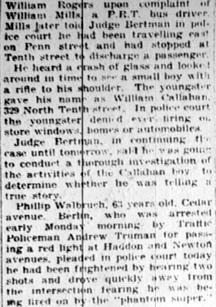 Ghost sniper coverage, Camden Courier-Post February 21, 1928