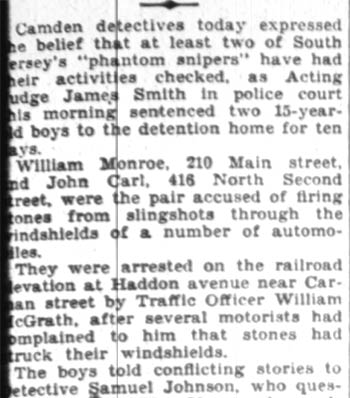 Two youths held as snipers, Camden Courier-Post February 24, 1928