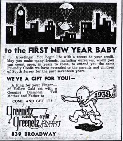 Camden Courier-Post, January 1, 1938 — To the First New Year Baby advertisement