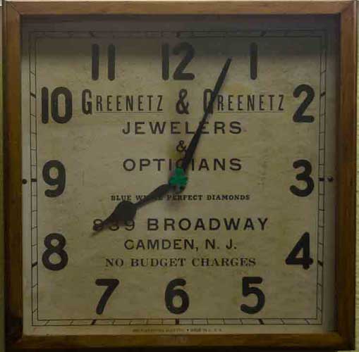 Greenetz & Greenetz Jewelers & Opticians promotional clock — 839 Broadway, Camden, N.J.