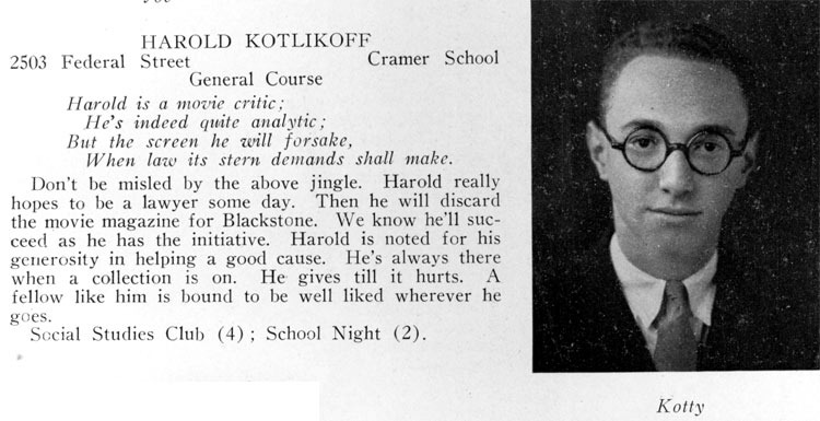 Harold Kotlikoff — Camden High School Purple & Gold Yearbook, January 1928